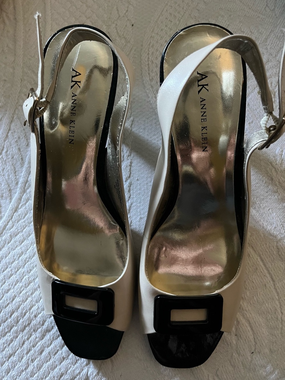 Anne Klein Cream and Black Slingback Peep-Toe Heels